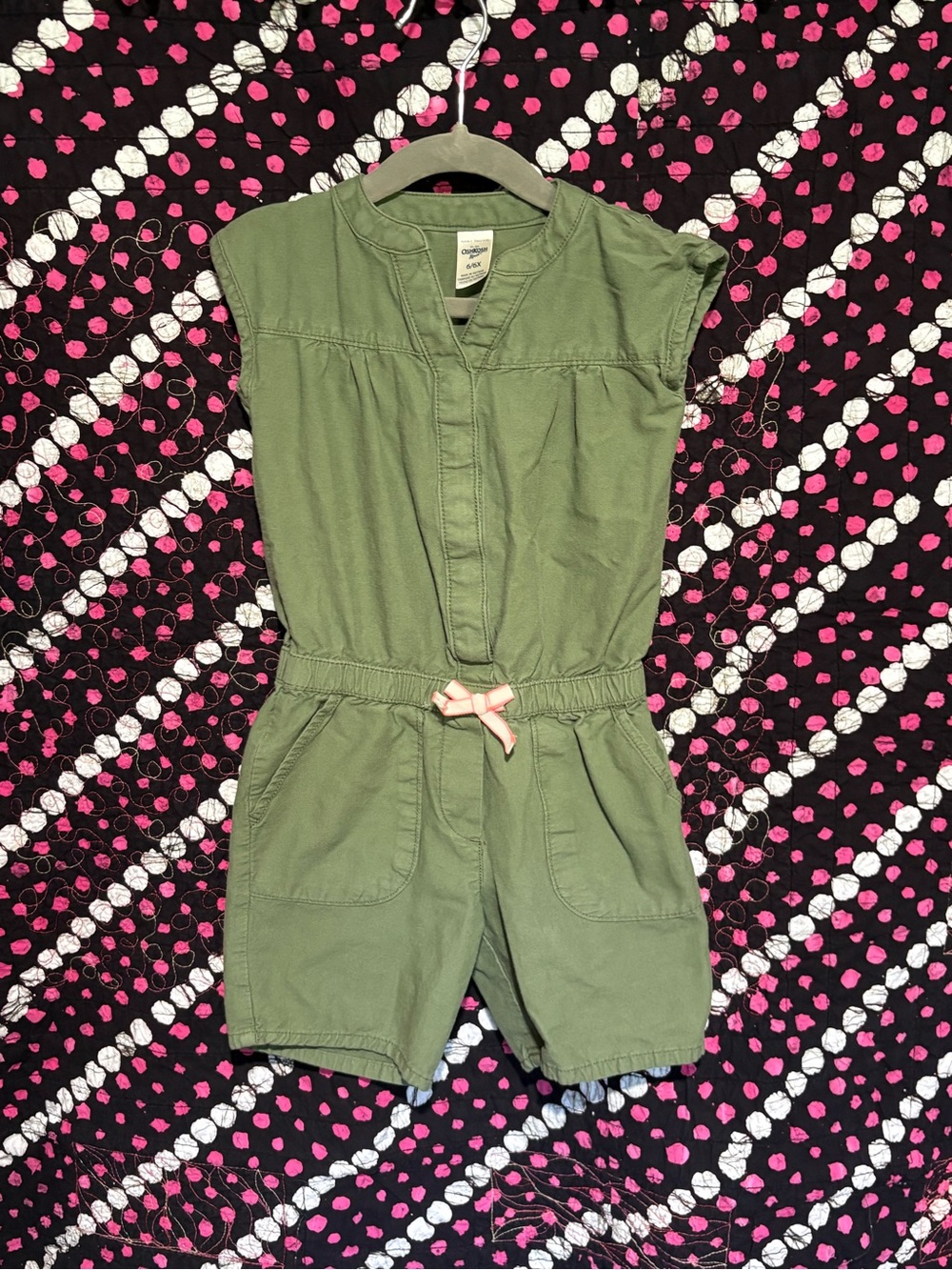 OshKosh B'gosh Olive Green Kids Utility Romper with Pink Bow